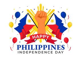 Filipinas independencia día vector ilustración en 12 junio con ondulación bandera y cinta en nacional fiesta celebracion plano dibujos animados antecedentes