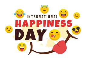 World Happiness Day Celebration Vector Illustration with on 20 March Smiling Face Expression and Yellow Background in Flat Cartoon Design