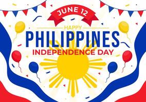 Filipinas independencia día vector ilustración en 12 junio con ondulación bandera y cinta en nacional fiesta celebracion plano dibujos animados antecedentes