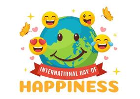 World Happiness Day Celebration Vector Illustration with on 20 March Smiling Face Expression and Yellow Background in Flat Cartoon Design