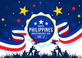 Filipinas independencia día vector ilustración en 12 junio con ondulación bandera y cinta en nacional fiesta celebracion plano dibujos animados antecedentes