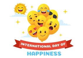 World Happiness Day Celebration Vector Illustration with on 20 March Smiling Face Expression and Yellow Background in Flat Cartoon Design