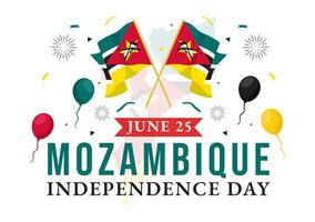 Mozambique independencia día vector ilustración en 25 junio con ondulación bandera y cinta en nacional fiesta celebracion plano dibujos animados antecedentes