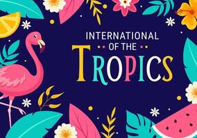 internacional día de el zona tropical vector ilustración en 29 junio con animal, césped y flor plantas a preservar trópico en naturaleza plano antecedentes