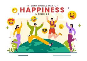 World Happiness Day Celebration Vector Illustration with on 20 March Smiling Face Expression and Yellow Background in Flat Cartoon Design