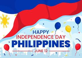 Filipinas independencia día vector ilustración en 12 junio con ondulación bandera y cinta en nacional fiesta celebracion plano dibujos animados antecedentes