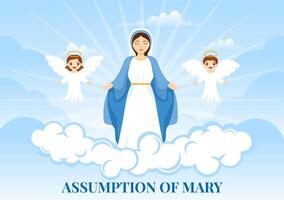 Assumption of Mary Vector Illustration with Feast of the Blessed Virgin and Kids Angels in Heaven in Flat Cartoon Hand Drawn Background Templates