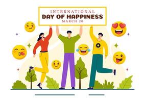 World Happiness Day Celebration Vector Illustration with on 20 March Smiling Face Expression and Yellow Background in Flat Cartoon Design