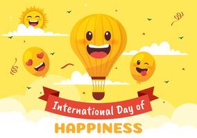 World Happiness Day Celebration Vector Illustration with on 20 March Smiling Face Expression and Yellow Background in Flat Cartoon Design