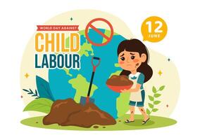 mundo día en contra niño labor vector ilustración en 12 junio con niños trabajando para el artículos de primera necesidad de vida en plano dibujos animados antecedentes