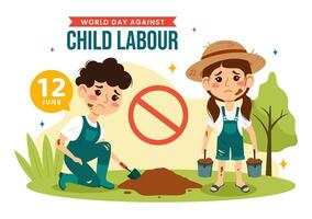 mundo día en contra niño labor vector ilustración en 12 junio con niños trabajando para el artículos de primera necesidad de vida en plano dibujos animados antecedentes