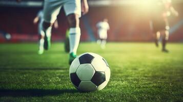 AI generated Soccer Match Intensity, Player Dribbling on Big Stadium Field photo