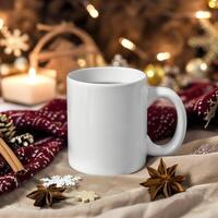 AI generated Cozy Holidays Begin, Plain White Mug in a Christmas Background photo