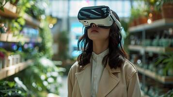 AI generated Exploring Sustainability in the Metaverse, Female Shopper in VR Headset photo