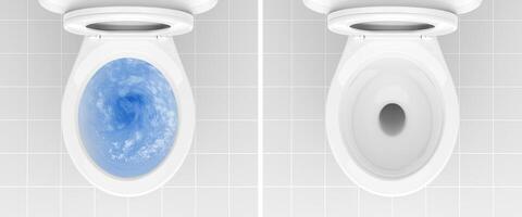 Top view of toilet bowl, blue detergent flushing in it and toilet bowl in the bathroom photo