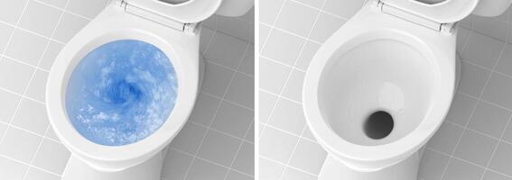 Top view of toilet bowl, blue detergent flushing in it and toilet bowl in the bathroom photo