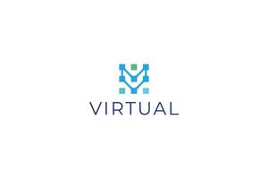 Letter V simple technological pixel dotted virtual logo vector