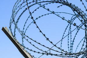 Barbed wire on the fence. Protective fencing specially protected object of barbed wire. Stamped barbed wire photo