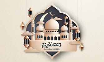 Realistic ramadan background with mosque, lantern, islamic pattern for banner, greeting card vector