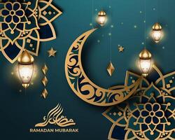 Realistic ramadan background with crescent moon, lantern, mandala. for banner, greeting card vector