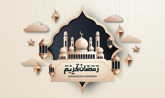 Realistic ramadan background with mosque, lantern, islamic pattern for banner, greeting card vector