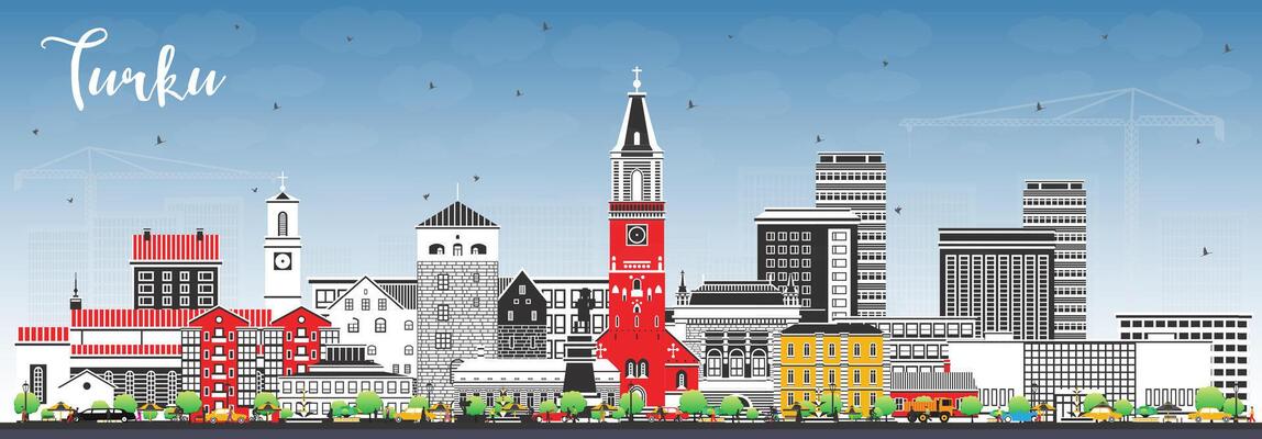 Turku Finland city skyline with color buildings and blue sky. Turku cityscape with landmarks. Business travel and tourism concept with modern and historic architecture.