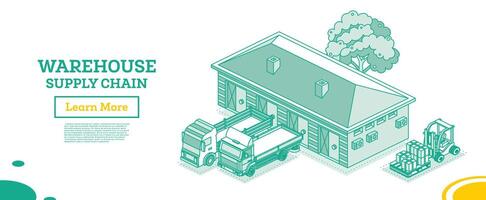 isométrica contorno pequeño depósito. parte de suministro cadena. almacén almacenamiento instalaciones con camiones aislado en blanco antecedentes. cargando descarga Terminal. vector
