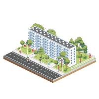 isométrica residencial seis piso edificio con gente, la carretera y arboles icono o infografía elemento. ciudad hogar. arquitectónico símbolo aislado en blanco antecedentes. 3d objeto. vector