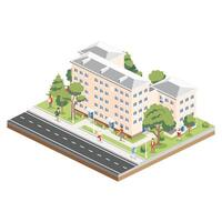 Isometric residential five storey building with people, road and trees. Icon or infographic element. City home. Architectural symbol isolated on white background. 3D object. vector