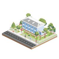 Isometric residential two storey building with people, road and trees. Icon or infographic element. City home. Architectural symbol isolated on white background. 3D object. vector