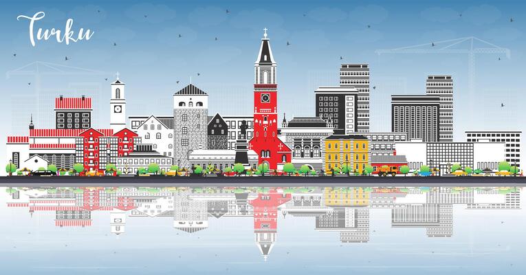 Turku Finland city skyline with color buildings, blue sky and reflections. Turku cityscape with landmarks. Business and tourism concept with modern and historic architecture.