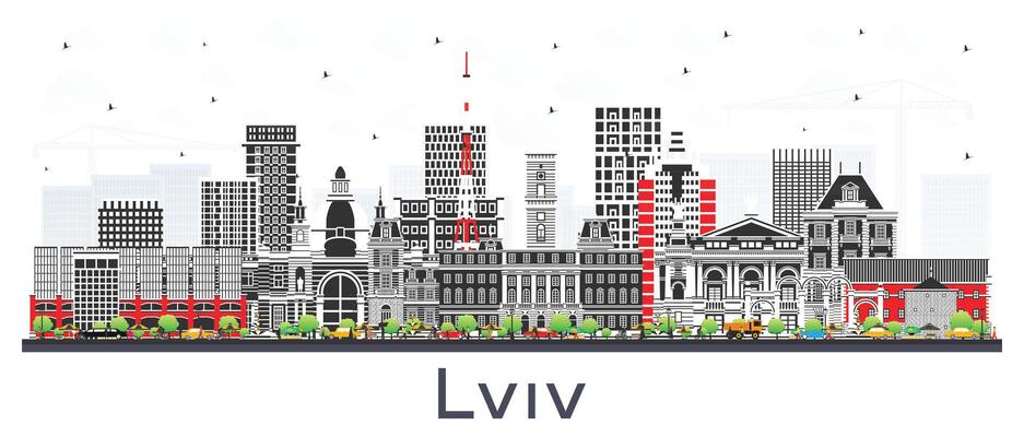 Lviv Ukraine City Skyline with Color Buildings isolated on white. Lviv Cityscape with Landmarks. Business Travel and Tourism Concept with Historic Architecture.