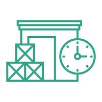 Outline small warehouse icon with clock isolated on white background. Part of supply chain. Door of loading discharging terminal. Boxes. vector