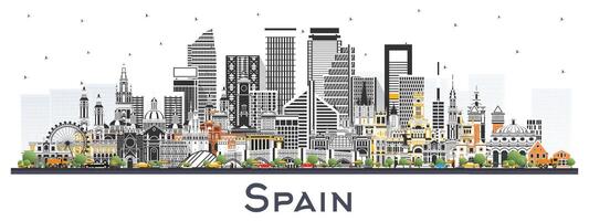 Spain city skyline with color buildings isolated on white. Modern and Historic Architecture. Spain Cityscape with Landmarks. Madrid. Barcelona. Valencia. Seville. Zaragoza. vector