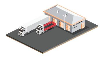 Isometric small warehouse. Warehouse storage facilities with trucks isolated on white background. Loading discharging terminal. vector