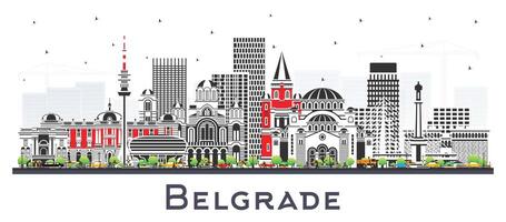 Belgrade Serbia City Skyline with Color Buildings Isolated on White. Vector Illustration. Belgrade Cityscape with Landmarks. Business Travel and Tourism Concept with Historic Architecture.