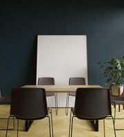 a massive frame mockup poster leaning on the blue concrete wall with dining table furniture interior photo