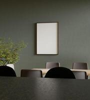 aesthetic and minimalist frame mockup poster hanging on the green wall in the dining room with plant tree decor photo