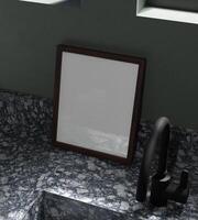 minimalist elegant dark wooden frame mockup poster on the marble cabinet in the modern kitchen interior photo