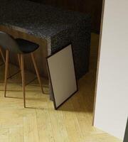 aesthetic dark wooden frame mockup poster in the dining kitchen interior with some beautiful light photo