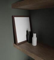 small frame mockup on the wooden shelf in the kitchen photo