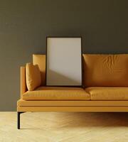 wooden frame mockup poster with orange sofa furniture in the living room photo