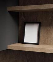 negro de madera marco Bosquejo en pie en el de madera estante iluminado por ventana ligero foto