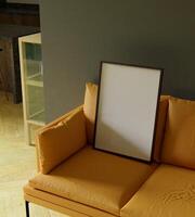 wooden frame mockup poster with orange sofa furniture in the living room photo