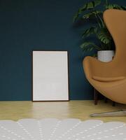 aesthetic frame mockup poster leaning on the blue wall with furniture and plant as decoration in the modern interior photo