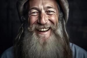 ai generado sereno sonrisas - felicidad reflejado en un mayor del hombre gris barba foto