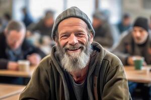 ai generado compartido felicidad - un Vagabundo del individuo alegre comida a un voluntario cantina foto