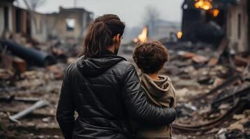 AI generated Humanity in Crisis - father and Child Facing Aftermath of Conflict photo