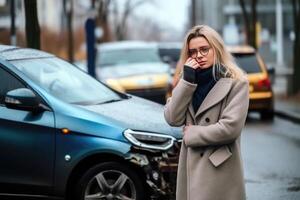 ai generado coche Descompostura blues - trastornado conductor cerca roto auto foto