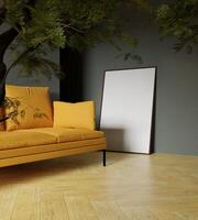 cinematic shot of wooden frame mockup poster with orange sofa in the modern living room photo